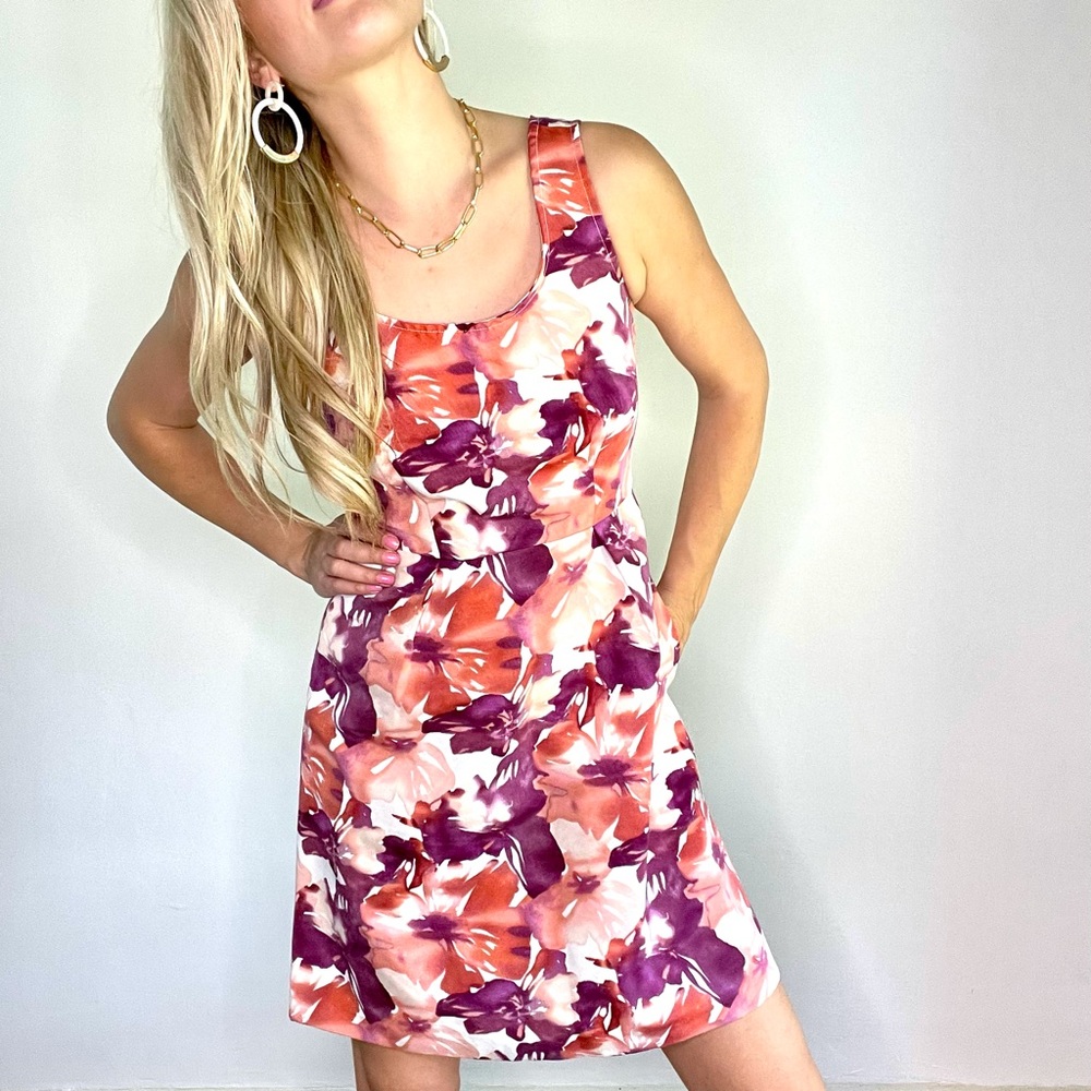 Floral Scoop Neck A-Line Dress in Coral & Plum